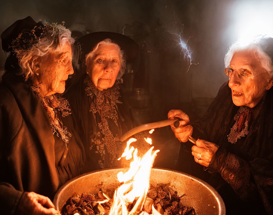 Elderly women in vintage attire observing flames in bowl