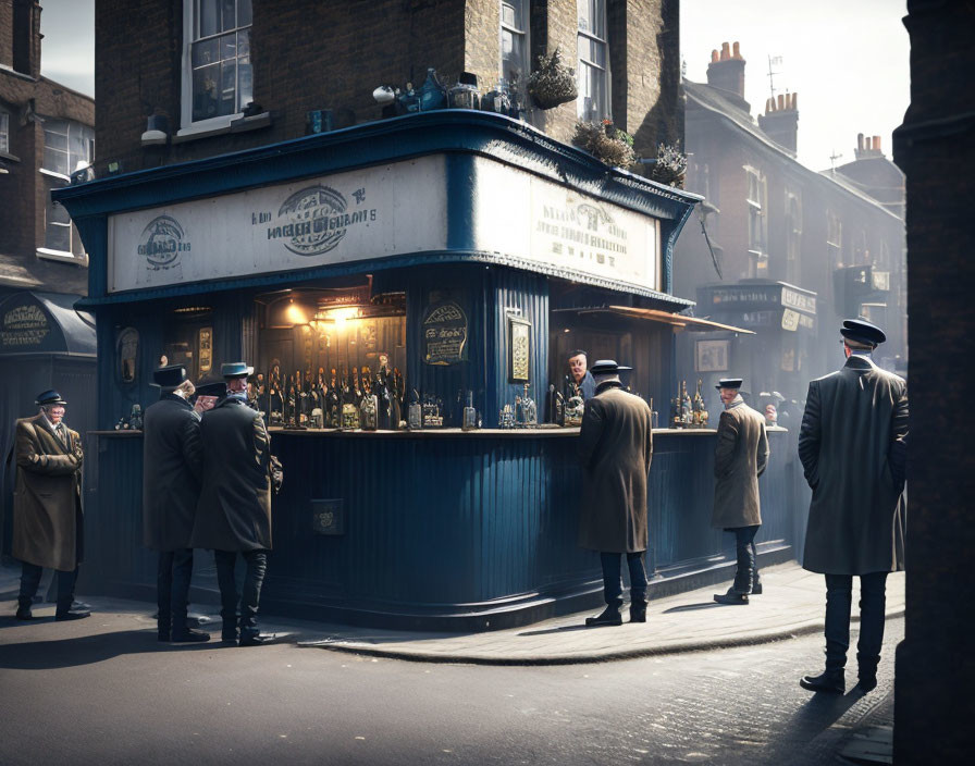 Vintage-style outdoor bar with patrons in period attire socializing on a sunny day