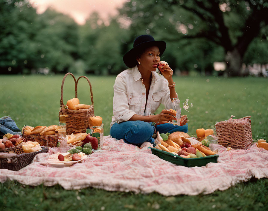 Woman in Black Hat Picnicking in Park with Fruits and Bread