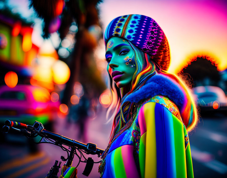 Colorful Makeup Woman Poses on Vibrant Dusk Street