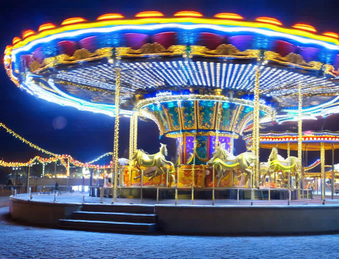 Nighttime carousel in motion with blurred lights against dark sky & string lights