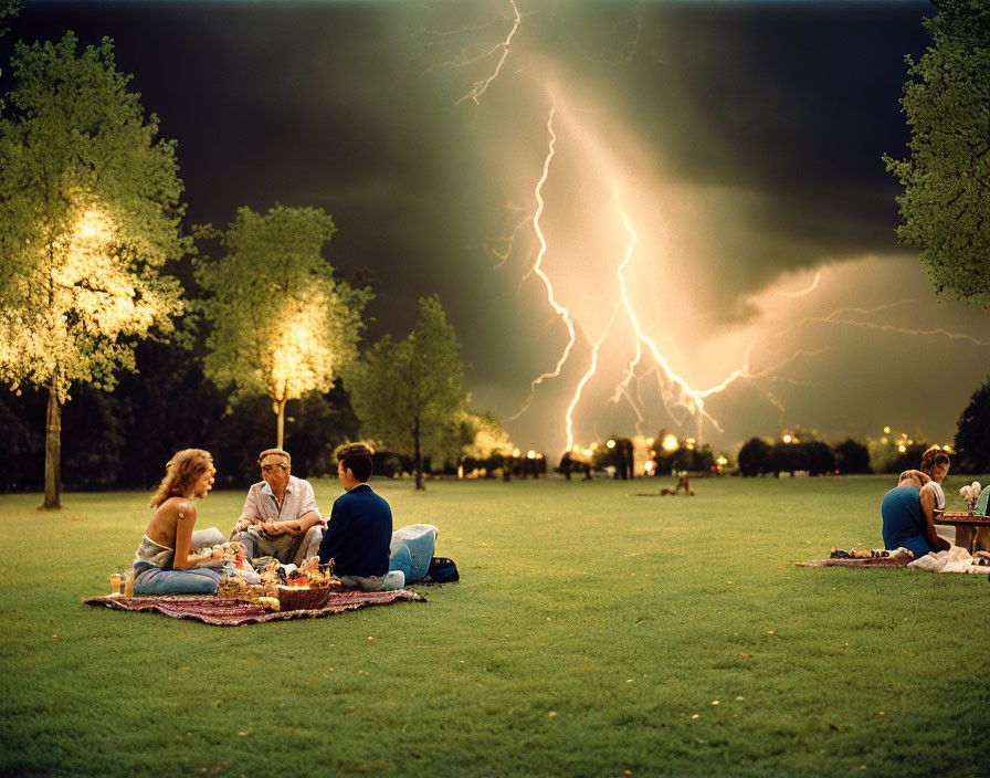 People picnicking at dusk with lightning bolt in stormy sky