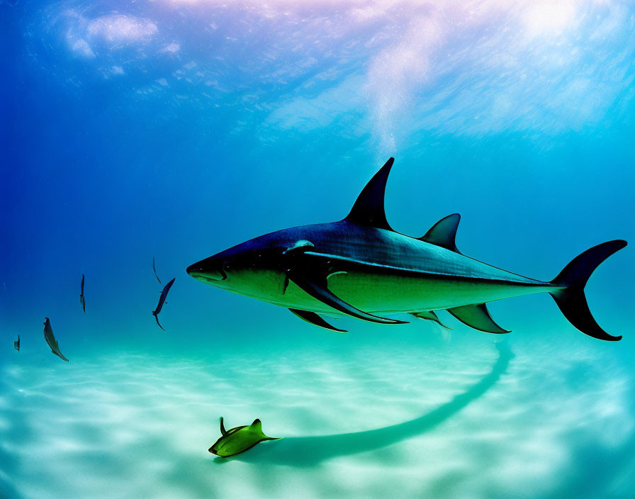 Large Tuna Fish Swimming Among Smaller Fish in Clear Blue Water