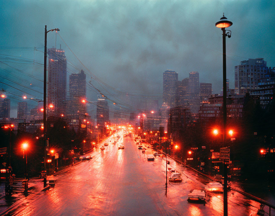 Rainy Dusk Cityscape: Glowing Lights, Wet Roads, Urban High-rises