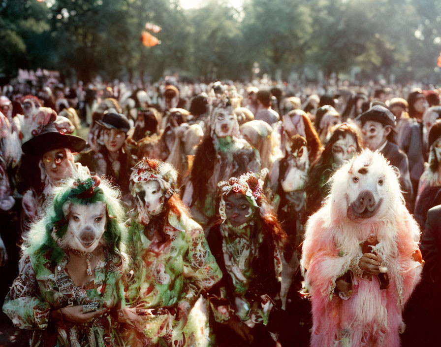 Group of people in elaborate zombie costumes and makeup at outdoor event