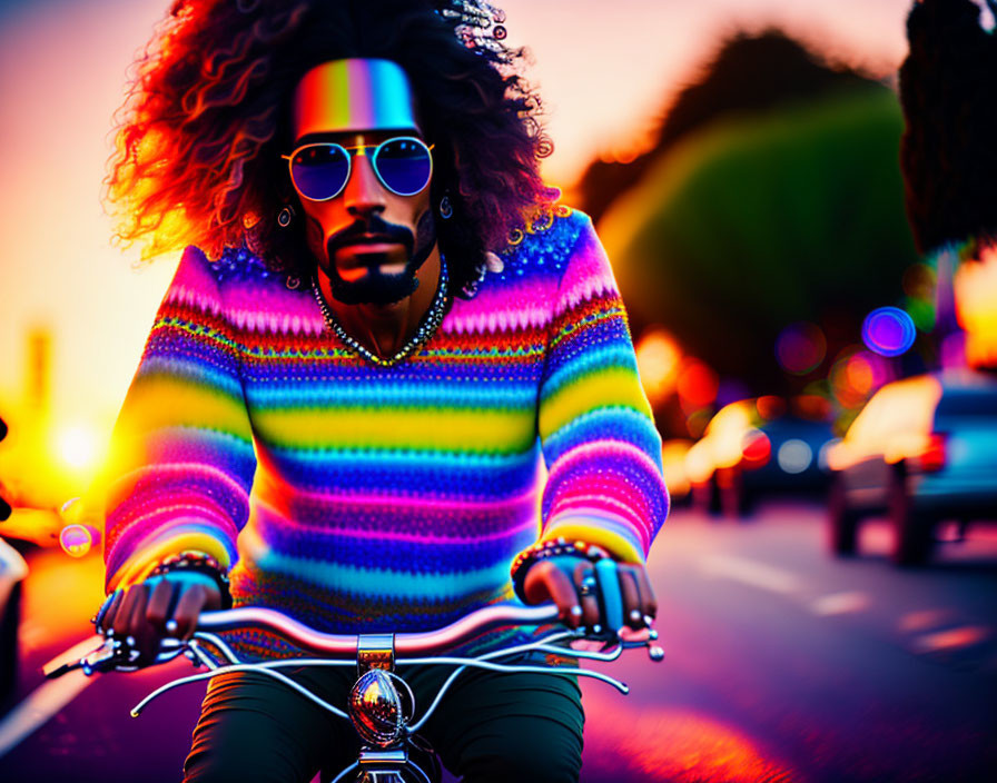 Curly-Haired Person in Rainbow Outfit Riding Bike on Urban Road