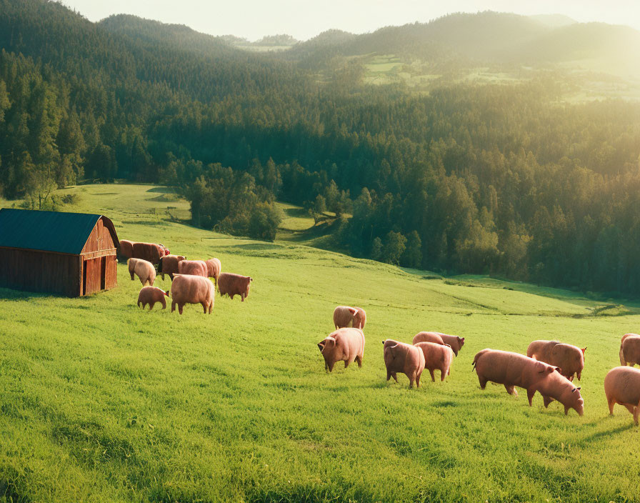 Sheep grazing in a sunlit green field with barn and hills