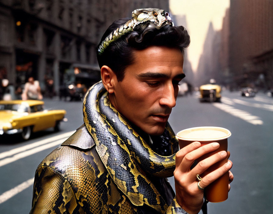 Man with snake around neck sips coffee on city street with yellow cabs.