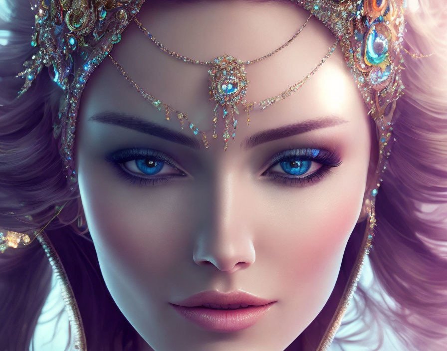 Close-up of woman with striking blue eyes and jeweled headpiece.