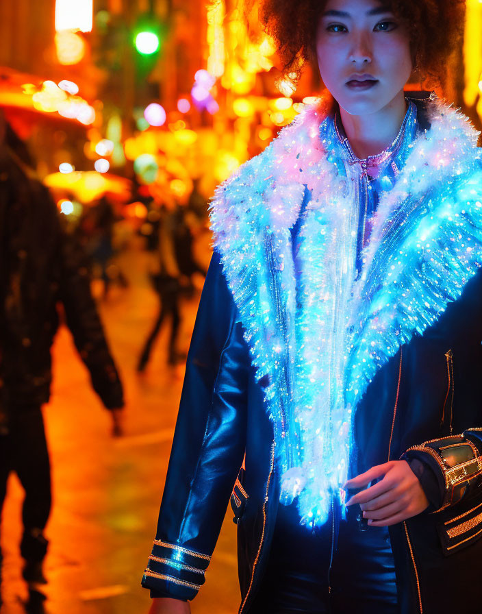 Curly-haired person in neon-lit jacket on vibrant night street