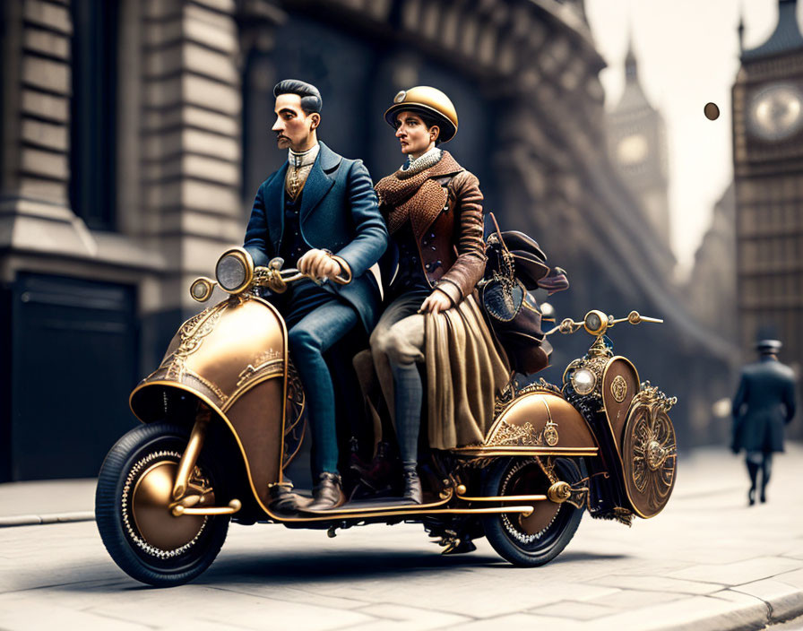 Vintage steampunk motorcycle ride in old city street