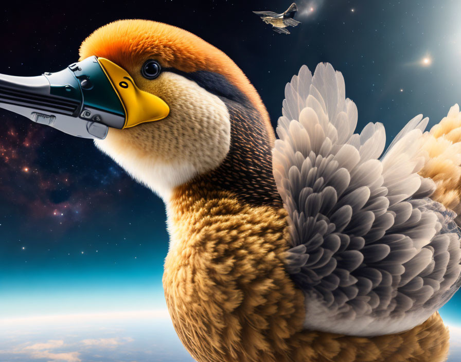 Surreal bird-airplane fusion in starry sky landscape