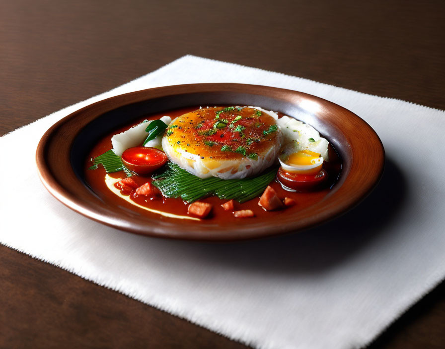 Seared Round of Cheese with Herb Toppings and Garnishes on Wooden Plate