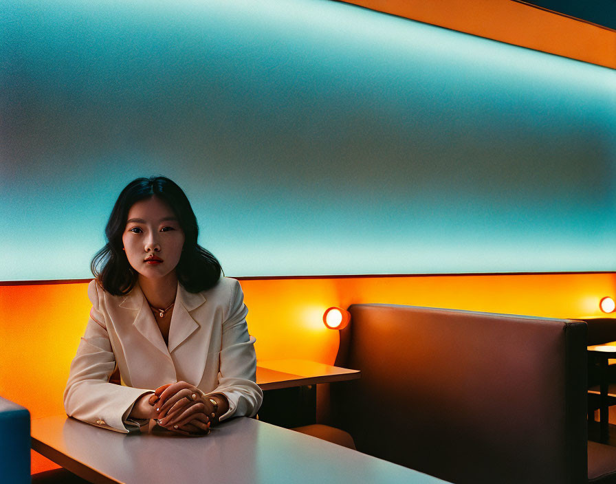 Contemplative woman in white blazer under blue and orange lighting