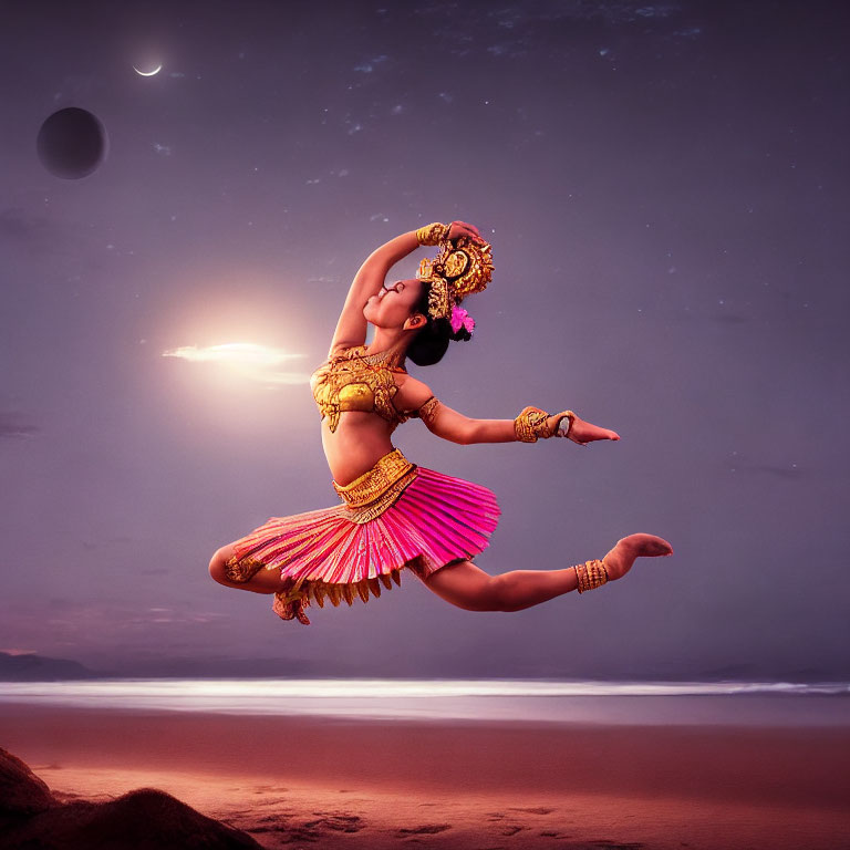 Traditional Indian attire dancer leaps on beach at twilight