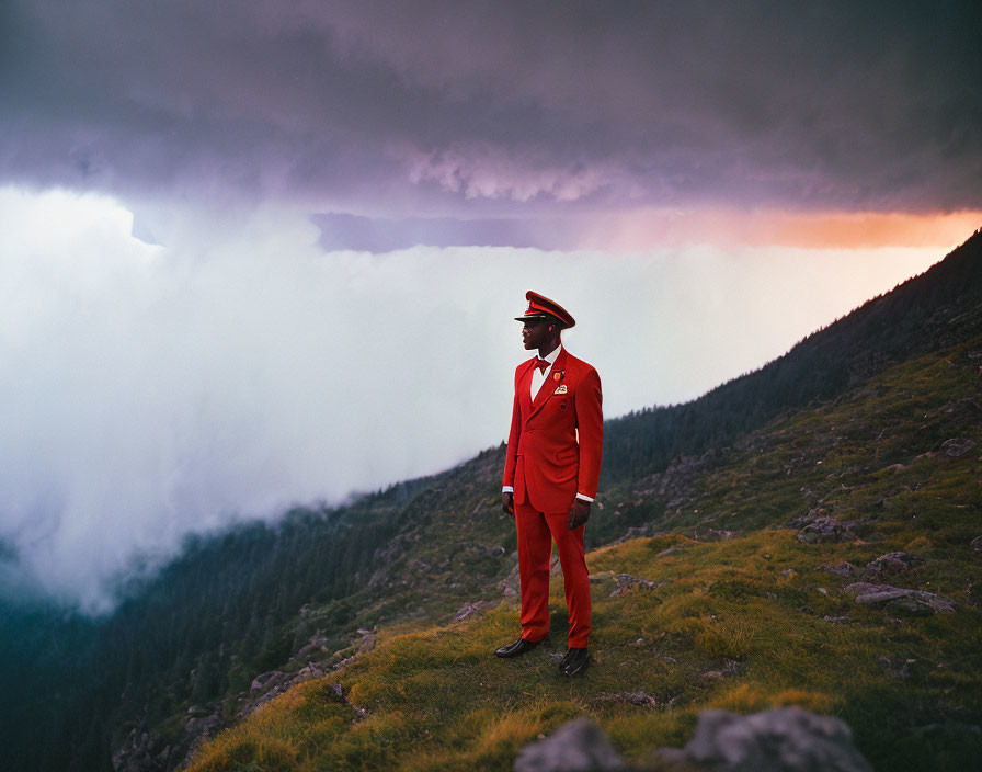 Person in red uniform on mountain with storm clouds and serene landscape