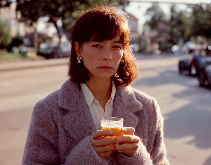 Woman in White Blouse and Gray Cardigan Holding Glass Cup on Sunny Street