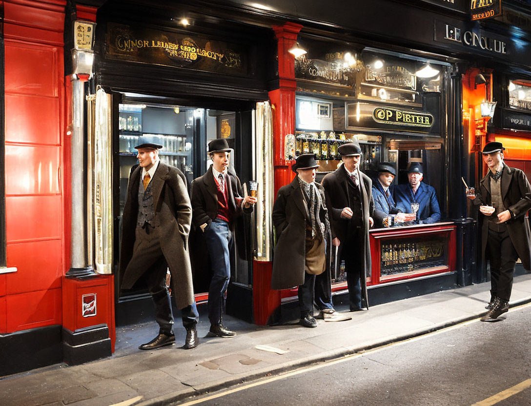 Vintage men in early 20th-century attire leaving classic pub with wooden facade.