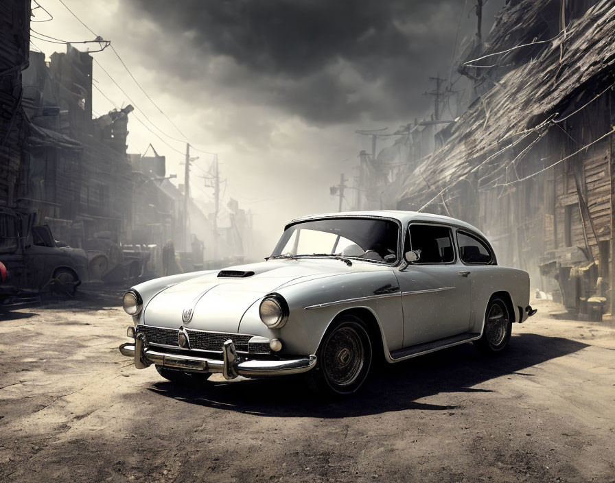 Vintage Car in Desolate Alley under Dramatic Sky