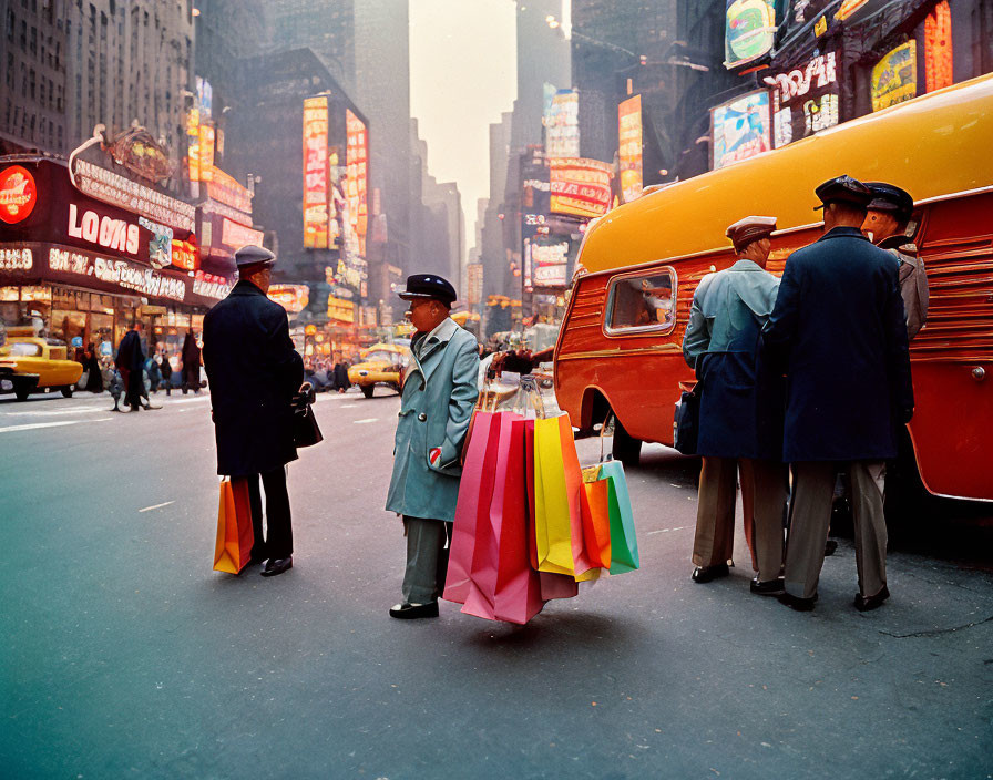 Colorful Street Scene with Police Officer, Van, and Times Square Background