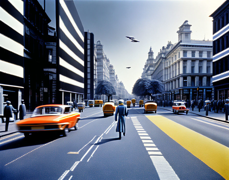 Futuristic street scene with flying cars, pedestrians, vintage taxi cabs