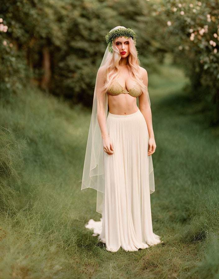 Bride in green top and white skirt with floral crown in lush landscape