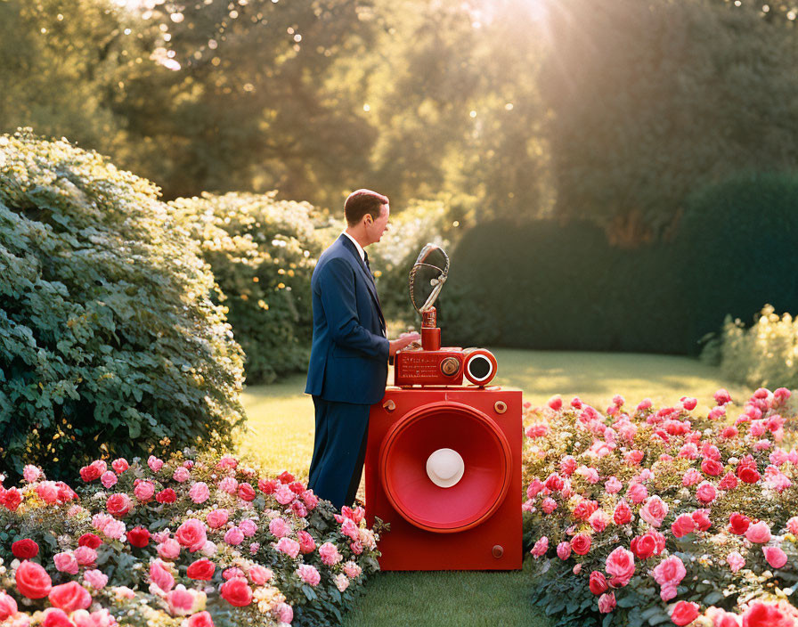 Man in suit by red gramophone in rose garden with sunlight filtering through trees