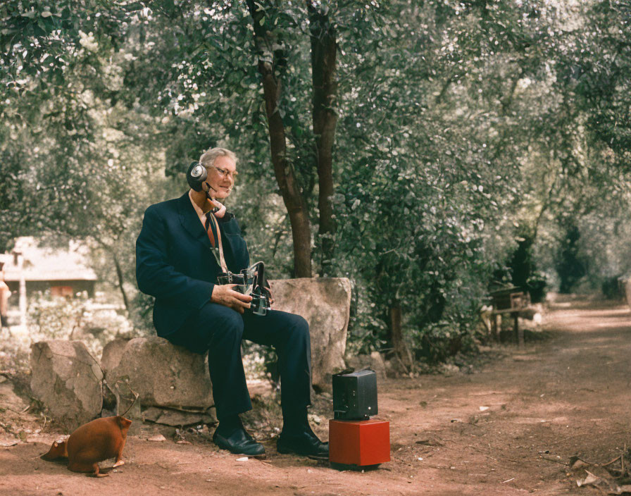 Elderly man with record player and dog in park setting