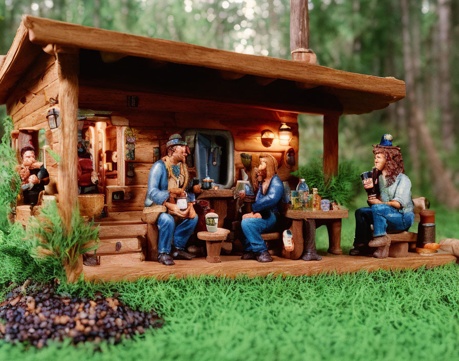 Miniature woodland cabin scene with three bearded figures enjoying drinks outdoors