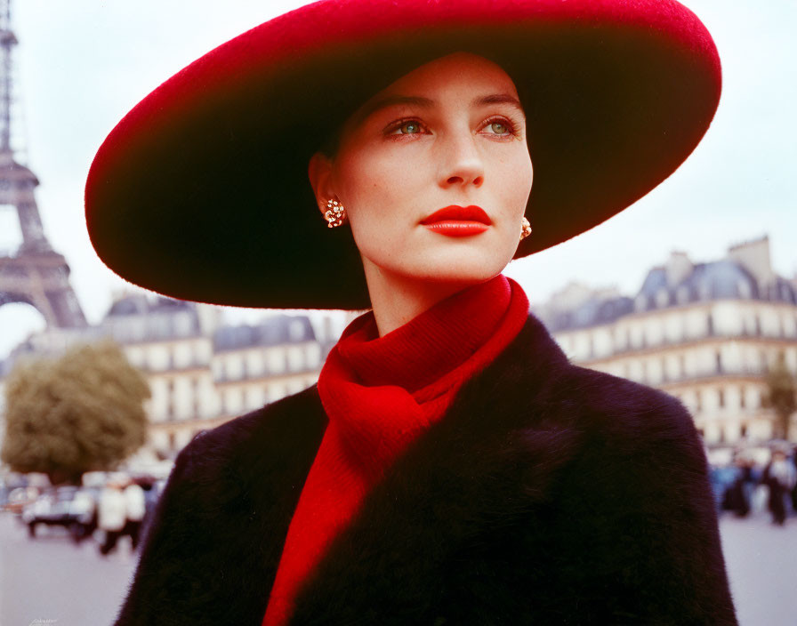 Fashionable woman in red hat and scarf against Eiffel Tower backdrop