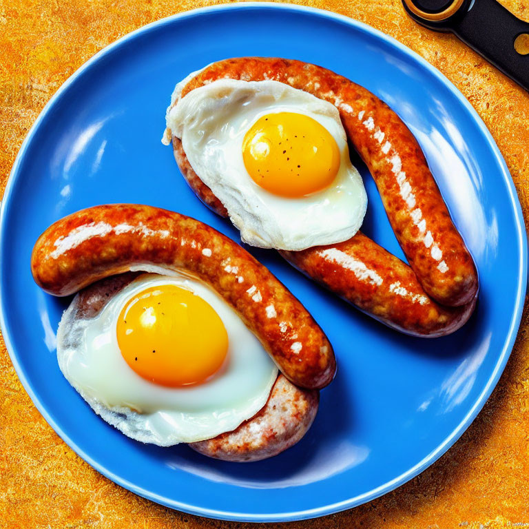 Blue plate with fried eggs and sausages on yellow background.