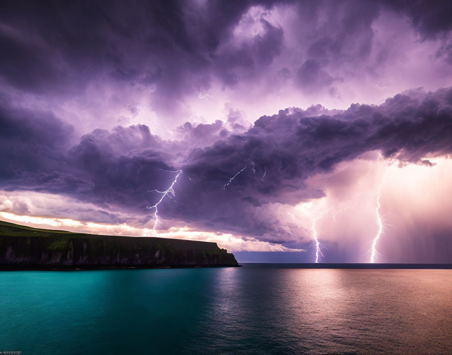 Stormy Seascape: Lightning Strikes Cliff in Purple Storm