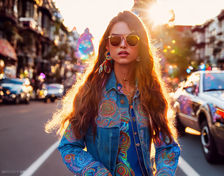 Stylish woman in sunglasses on busy street at sunset with colorful denim jacket