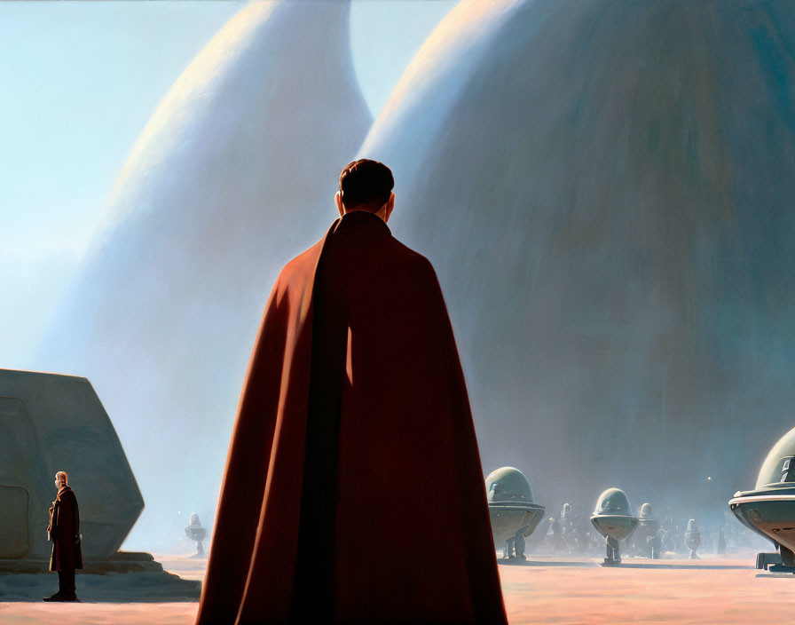 Person in red cape gazes at futuristic cityscape.