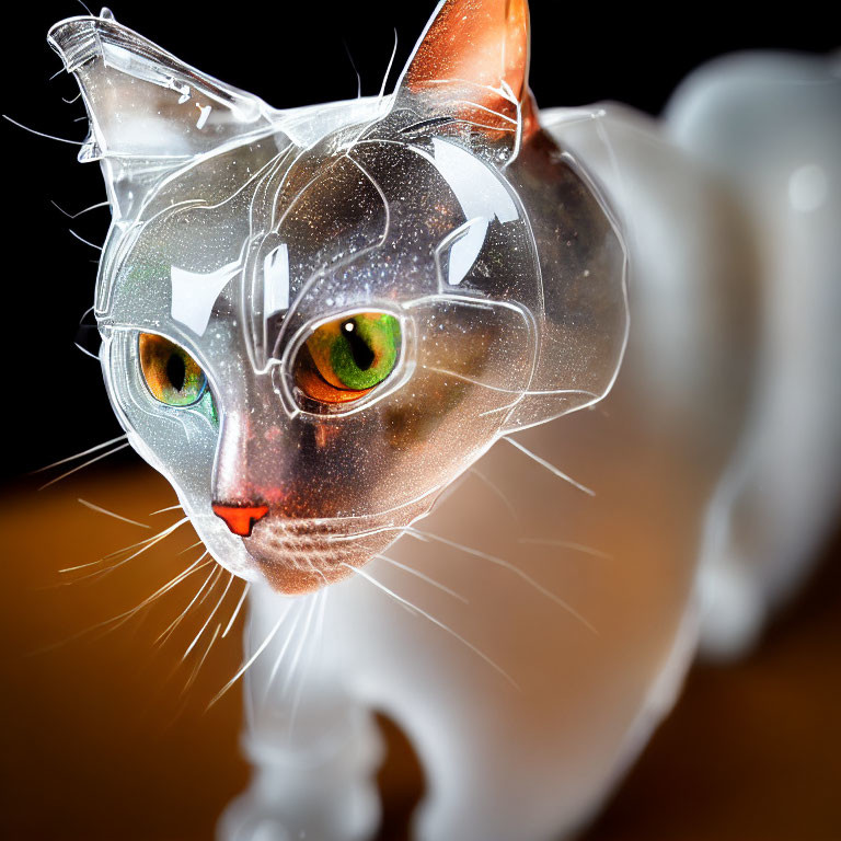 Translucent Cat Figurine with Green Eyes on Dark Background