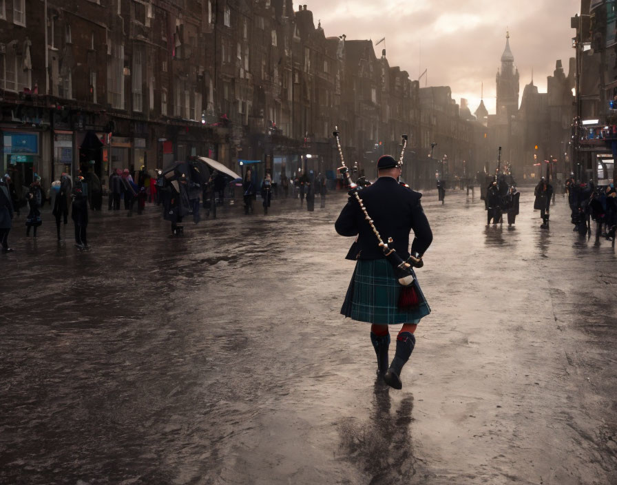 Traditional Scottish bagpiper in wet city street at sunset