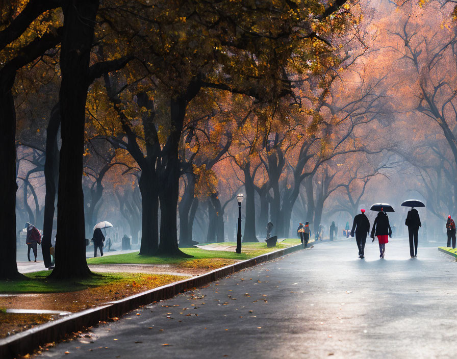 Colorful autumn park scene with people walking among trees and misty atmosphere