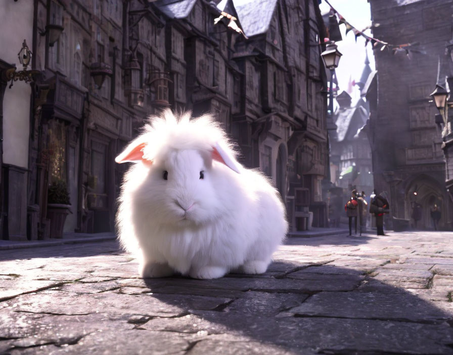 Fluffy White Rabbit on Cobblestone Street with Medieval Setting