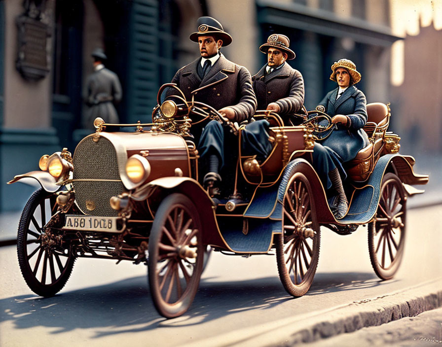 Vintage Attired Trio Riding Early 20th-Century Car in City Street