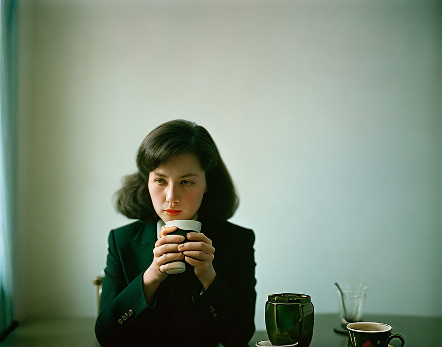 Dark-haired woman sitting at table with white mug and jug, plain backdrop