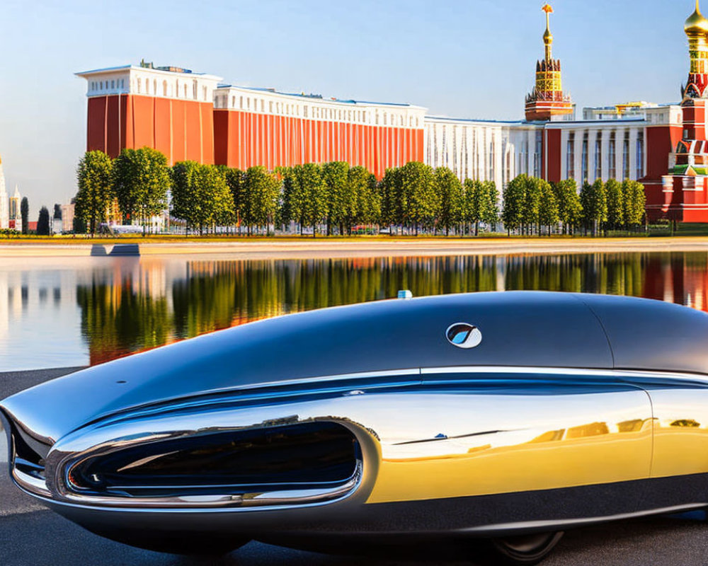 Sleek Silver Futuristic Car Parked by Waterfront Building