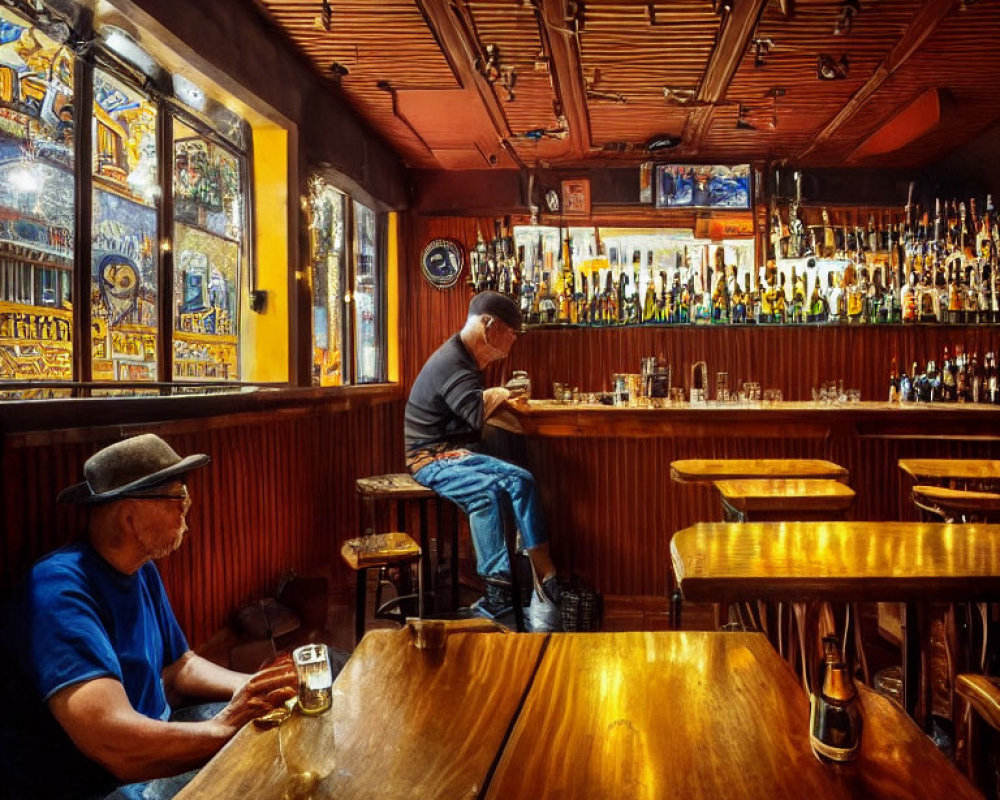 Pub Interior: Two Men, Drinks, Warm Lighting, Stained Glass Windows