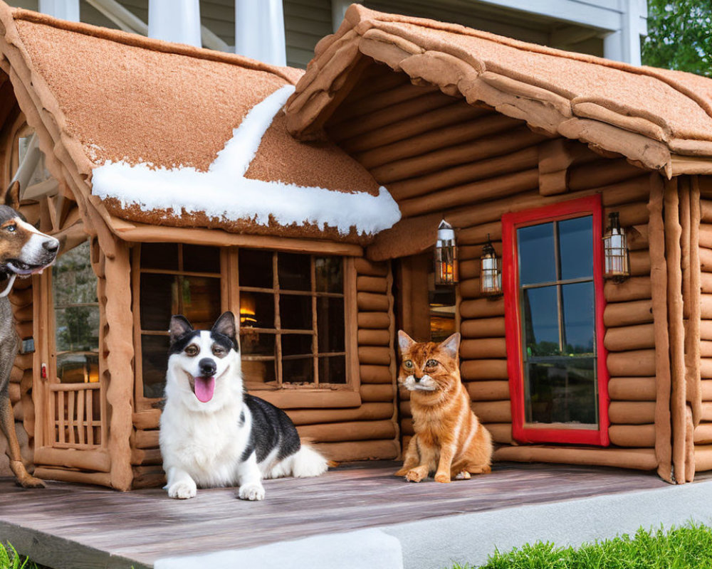 Dog and cat on snowy roofed log cabin-style doghouse porch by house with white columns