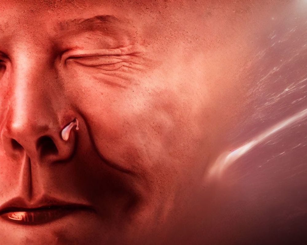 Detailed close-up of person's face with eyes closed, obscured by red mist