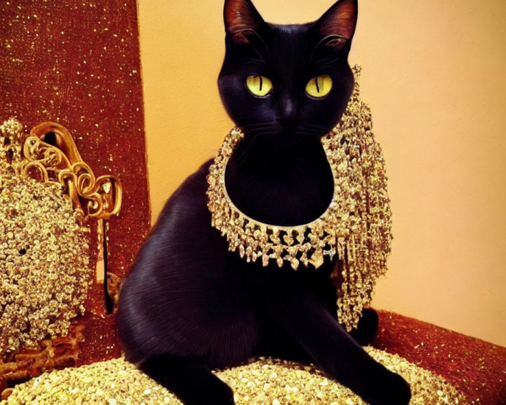 Black cat with green eyes on gold chair in pearl necklace