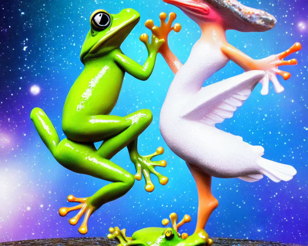 Stylized green and white frogs dancing under starry night sky