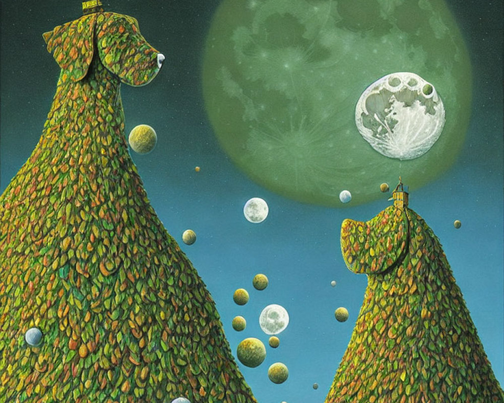 Surrealist artwork: Two tree-shaped hills with faces under starry sky