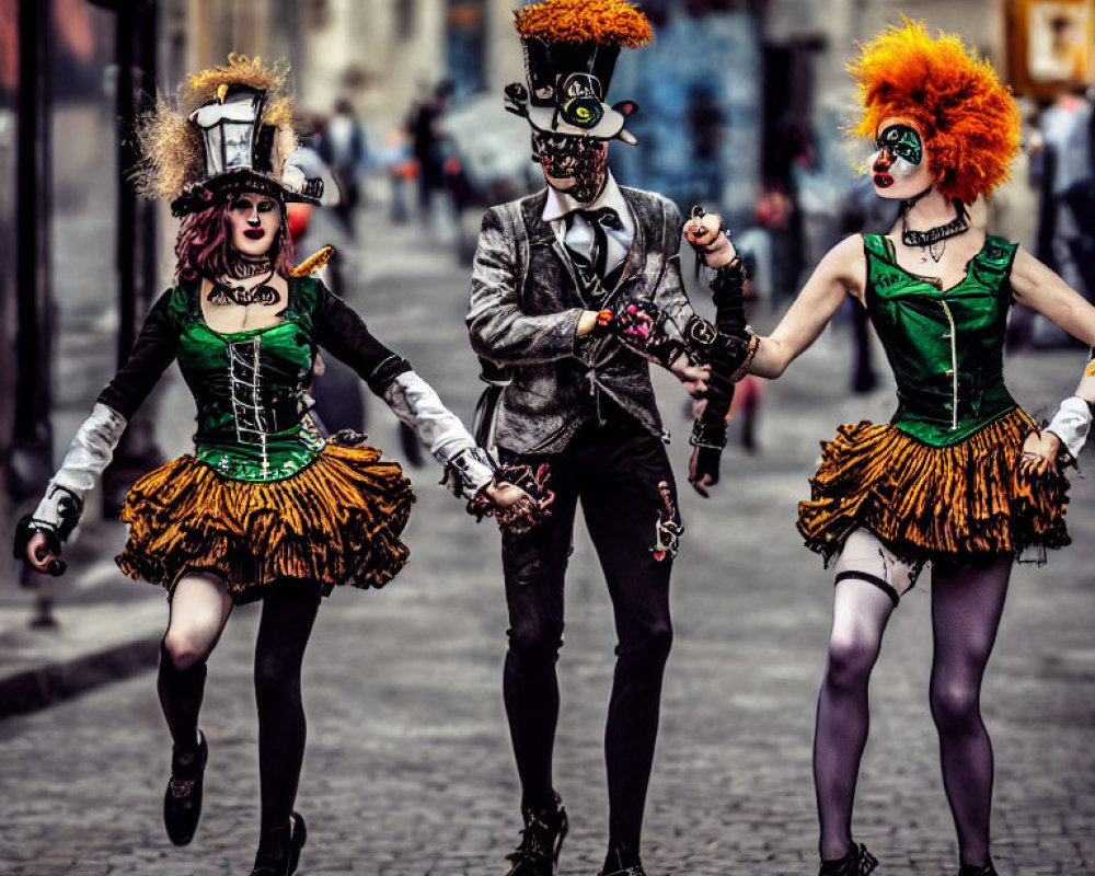 Three People in Vibrant Steampunk Attire Walking on Cobbled Street