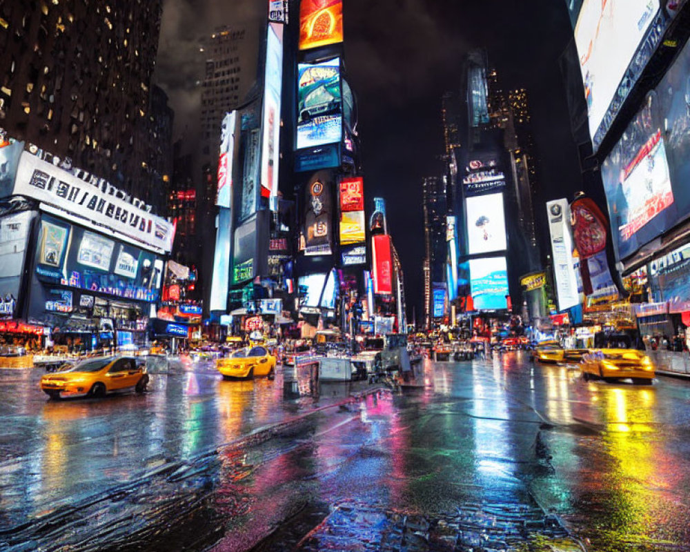 Vibrant night city scene with neon signs, wet pavement, and yellow cabs