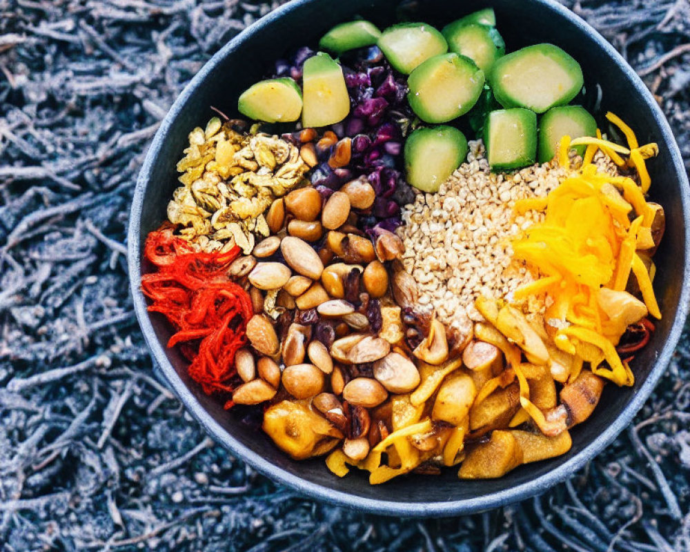 Nutritious Bowl with Cucumbers, Granola, Nuts, Seeds, and D